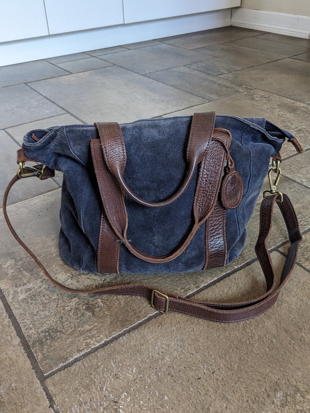Vintage Roots Suede And Leather Messenger Crossbody Satchel Bag Navy & Brown